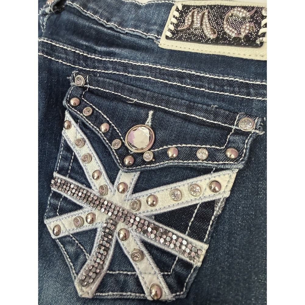 Miss Chic Y2K McBling Rhinestone Flap Pocket Bootcut Jeans Womens 31x31